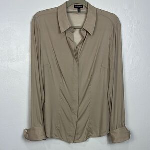 Le Chateau Beige Silk Blend Long Sleeve Button Down Shirt Blouse Size L